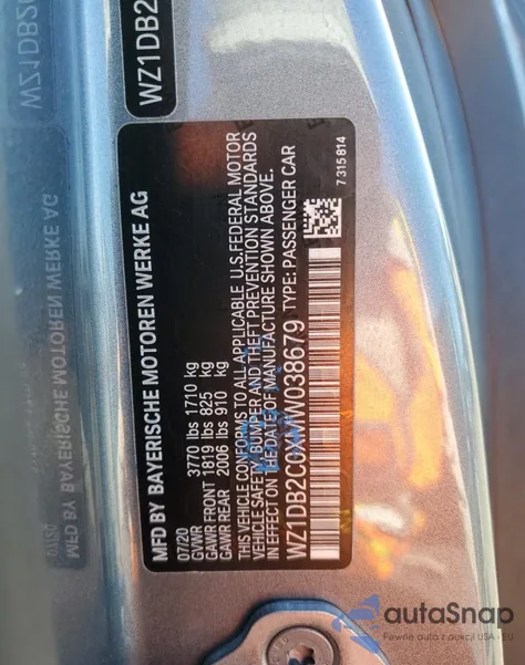 2021 Toyota Supra z USA, uszkodzony, nr VIN WZ1DB2C0XMW038679